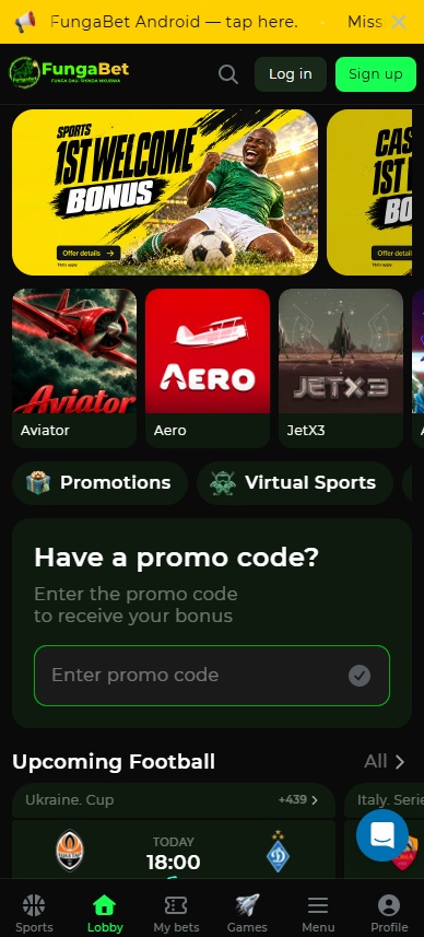 FungaBet Android app home screen with the sports welcome bonus, Aviator and upcoming football